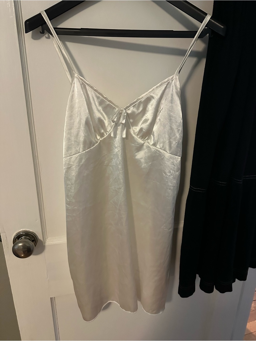 Silky White Satin Slip Dress with Spaghetti Straps